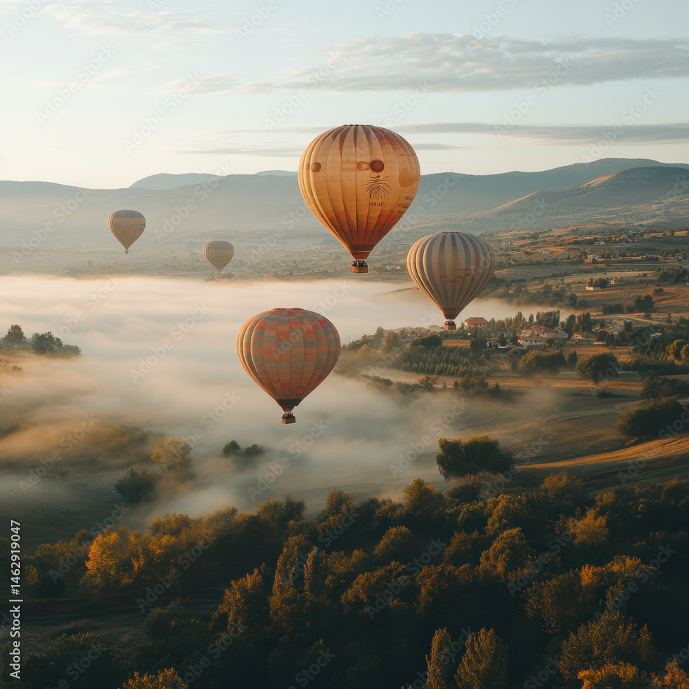 Obraz premium Hot air balloons float gracefully over the valley during the early morning.