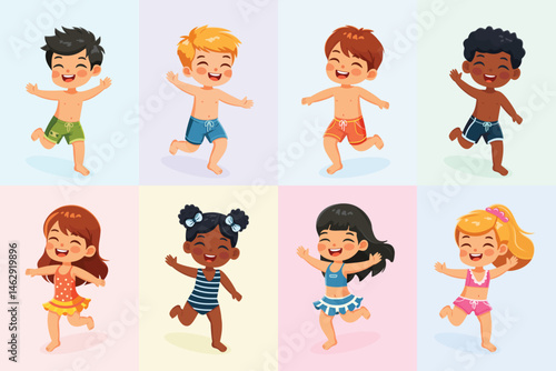 Set of cute and happy children of different nationalities running on the beach in bathing suits on color background. Poster, Banner, Flyer, Summer time. Vector illustration in flat cartoon style