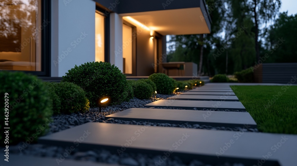 Obraz premium Sophisticated Modern Residence with Illuminated Garden Pathway at Twilight