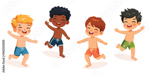 Set of cute and happy children of different nationalities running on the beach in bathing suits on white background. Poster, Banner, Flyer, Summer time. Vector illustration in flat cartoon style