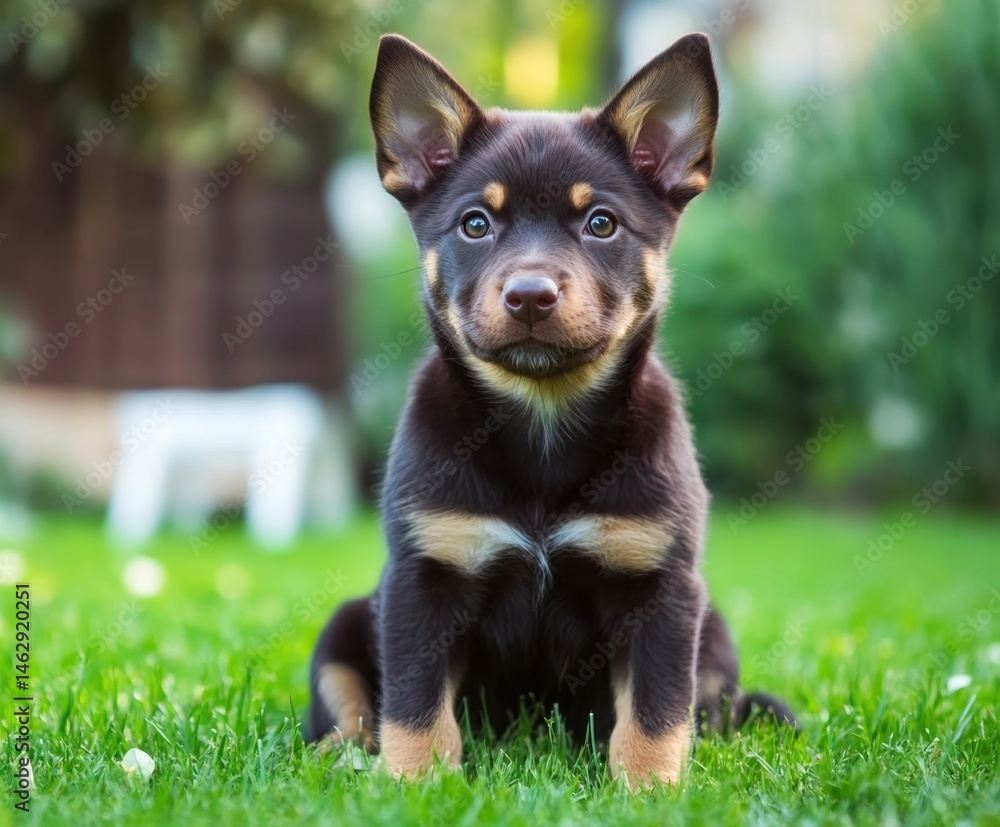 Australian Kelpie puppy outside on a green lawn Australian Kelpie puppy outside on a green lawn