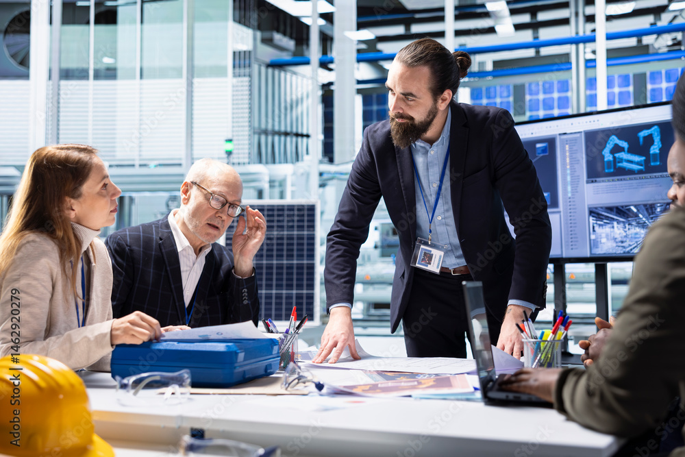 Industrial plant company management executive presents operational insights found during research and development and business strategies to investors, outlining key opportunities for growth