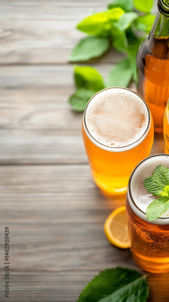Golden Beer in Glasses on Wooden Table Golden Beer in Glasses on Wooden Table
