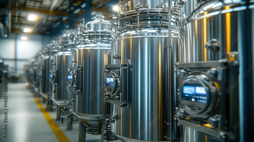 Fototapeta premium stainless steel bioreactors in an industrial setting, representing advanced biotechnology and industrial fermentation processes