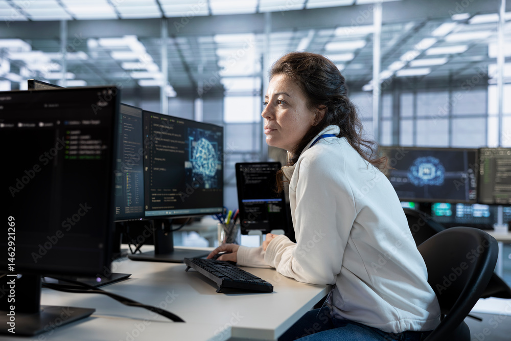 Software developer using artificial intelligence technology to optimize data center performance. Server hub specialist using AI tech to streamline operations and accurately forecast potential issues