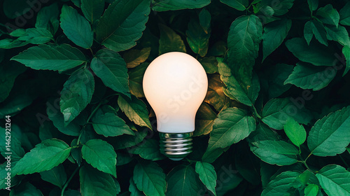 Illuminated lightbulb led among vibrant green leaves symbolizes environmental sustainability concepts beautifully.