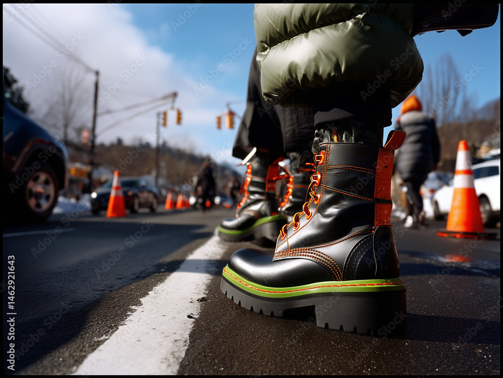 Obraz premium Urban Winter Streetwear: Stylish Boots on Patrol
