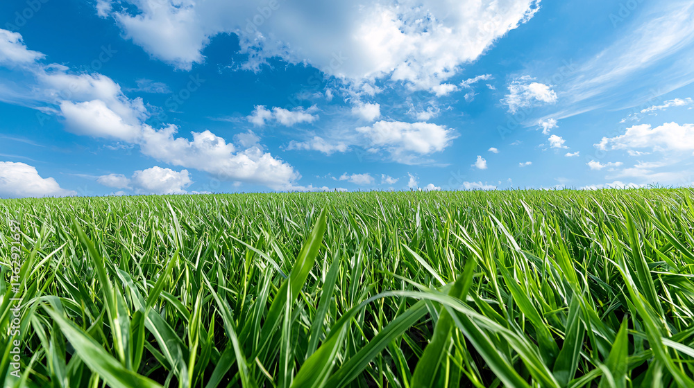 Fototapeta premium Lush green grass glistens under a bright blue sky filled with fluffy white clouds on a sunny summer day.