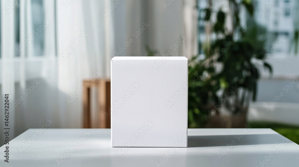 Fototapeta premium A plain white cardboard box sits on a white table in front of a bright window with soft natural light.