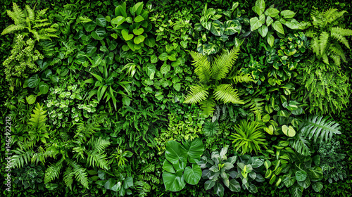 Lush green foliage creates a vibrant natural wall, a textured tapestry of various plants and ferns outdoors.