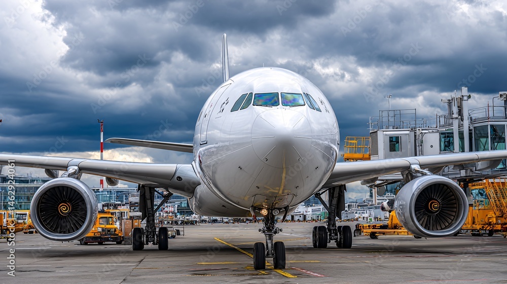 A sleek airplane parked at the airport, showcasing a frontal view with dramatic clouds overhead A sleek airplane parked at the airport, showcasing a frontal view with dramatic clouds overhead