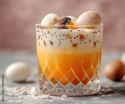Sweet egg liqueur in a glass with quail eggs and meringue on a gray and orange background