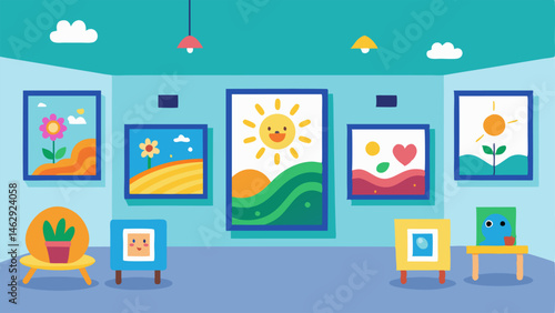 A section of the gallery dedicated to childrens artwork with brightly colored drawings and paintings.
