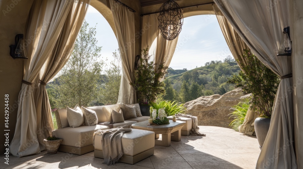 Fototapeta premium Luxury outdoor lounge with archway frame and soft drapes