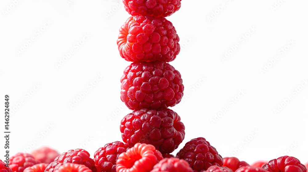 Raspberry Column. Tower of fresh raspberries against white background. Striking vertical composition emphasizing organic shapes and red hues