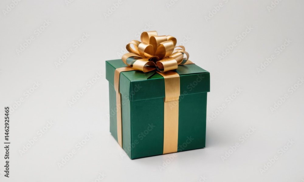 Fototapeta premium A small green gift box wrapped with a golden ribbon, perfect for special occasions and celebrations