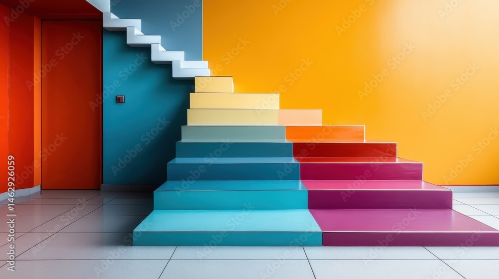 A striking staircase, consisting of multi-colored steps, stands against bold painted walls, showcasing an artistic blend of colors and contemporary design elements. A striking staircase, consisting of multi-colored steps, stands against bold painted walls, showcasing an artistic blend of colors and contemporary design elements.
