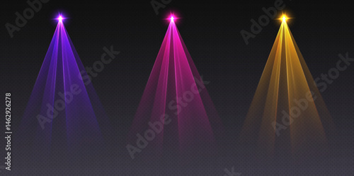 Colorful laser beams, stage decoration, party led effect, neon club spotlights. Podium design element. Vector illustration.
