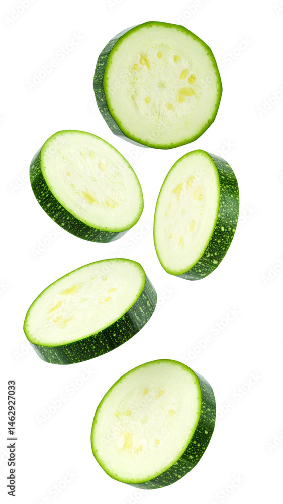 Fresh zucchini slices falling on transparent background Fresh zucchini slices falling on transparent background