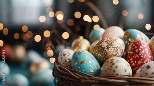 A beautiful arrangement of colorful Easter eggs in a woven basket, adorned with sparkling gold and catchy designs, perfect for capturing the essence of festive celebrations.