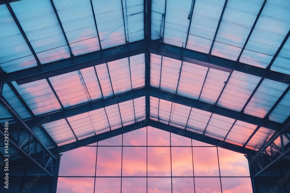 Fototapeta premium Interior view of a large metal building's glass roof.