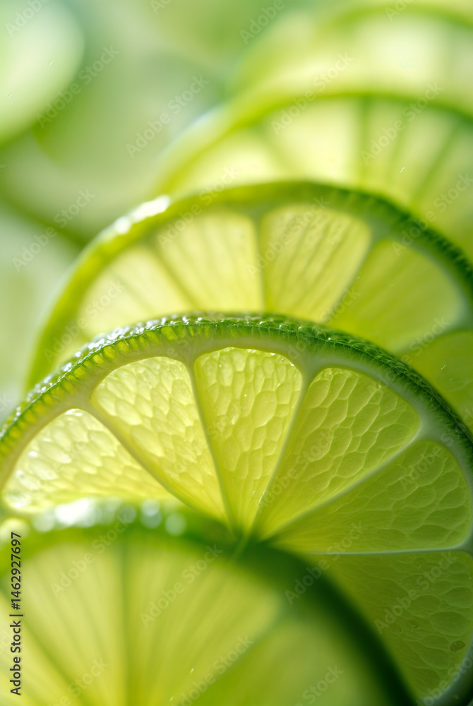 Translucent Lime Slices. Hyper-realistic lime slices with glowing edges and visible veins. 32K UHD studio shot with luminous light transmission