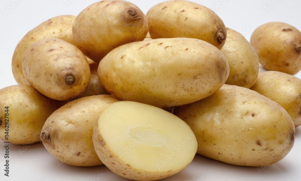 Fresh potatoes cut in half on a surface, ideal for cooking or photography Fresh potatoes cut in half on a surface, ideal for cooking or photography