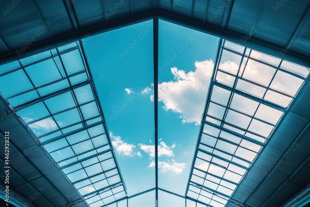 Fototapeta premium Industrial building's skylight pattern against a blue sky.
