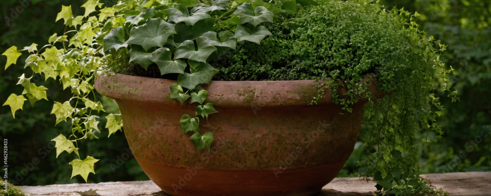 Fototapeta premium A small potted plant sits peacefully on a ledge, surrounded by empty space