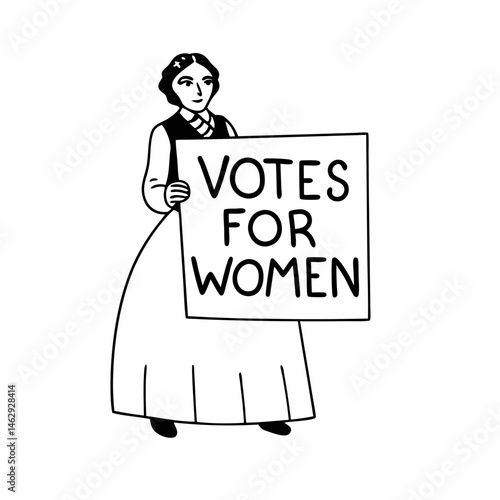 Detailed Line Art of a Suffragette Holding a Sign, Advocating for Women's Rights and Gender Equality, Suitable for Historical Presentations and Educational Resources.