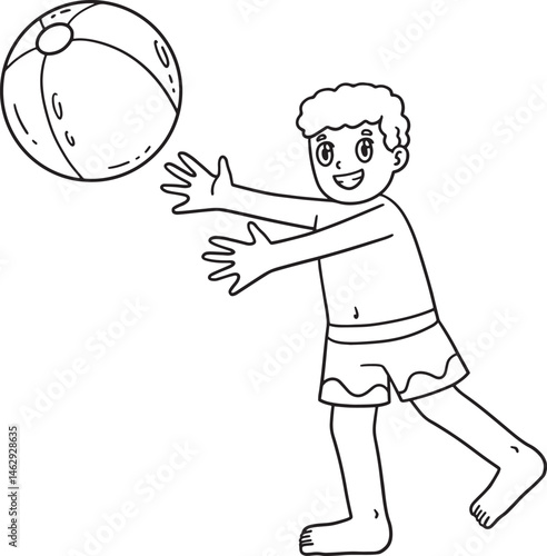 Swimming Boy Playing Beach Ball Isolated Coloring 