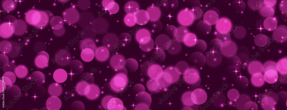 Pink bokeh with stars and sparkles, shiny overlay decoration, abstract Christmas background. Vector illustration.
