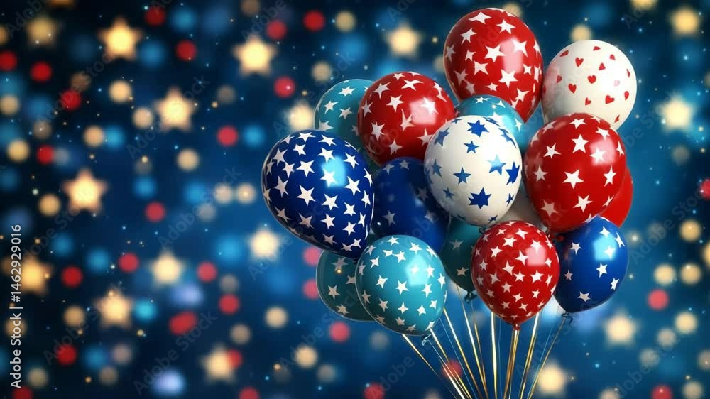 Group of glossy balloons in American flag colors featuring star patterns floats cheerfully against a bright, magical bokeh background filled with golden and blue light spots
