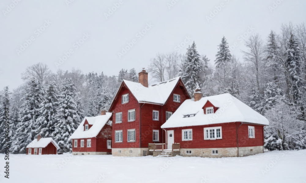 A small red house stands alone in a snow-covered field, surrounded by winter landscape A small red house stands alone in a snow-covered field, surrounded by winter landscape