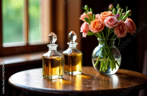 Perfume & Roses. Two perfume bottles and vase of pink roses on wooden table near window. Elegant still life with serene atmosphere.