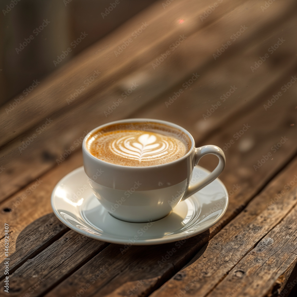 Rustic Coffee Cup. Steaming coffee cup on wooden breakfast table. 32K UHD rustic morning scene with photo-realistic commercial clarity