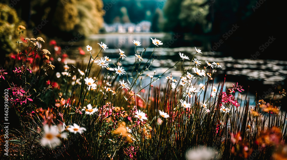 Lac avec arbre autour et fleurs sauvages au premier plan, paysage de nature