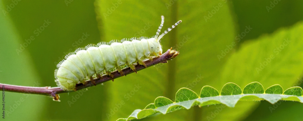 Fototapeta premium A small caterpillar is sitting on a large leaf, its body and legs clearly visible