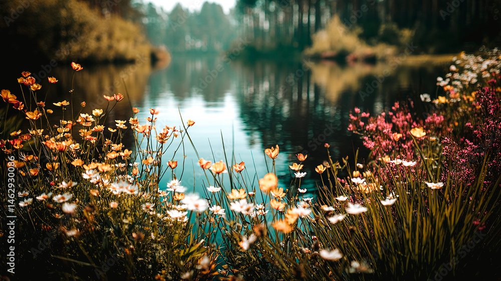 Lac avec arbre autour et fleurs sauvages au premier plan, paysage de nature
