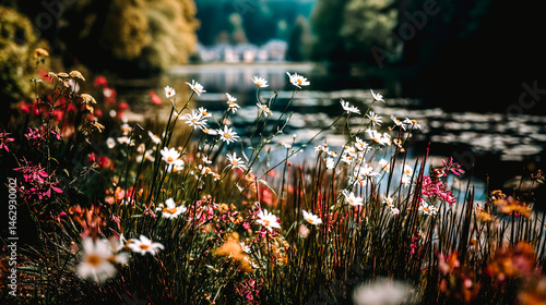 Obraz na płótnie Lac avec arbre autour et fleurs sauvages au premier plan, paysage de nature w salonie