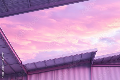 Pale pink sky viewed through industrial metal roofs.