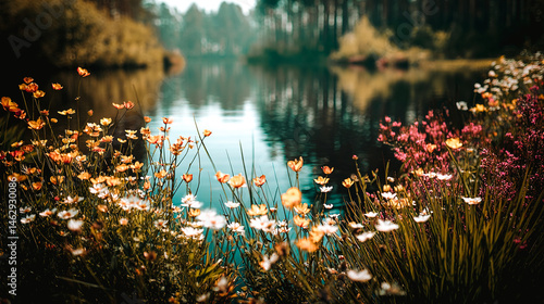 Obraz na płótnie Lac avec arbre autour et fleurs sauvages au premier plan, paysage de nature w salonie