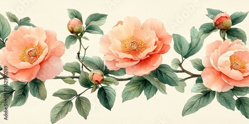 Wallpaper Mural Watercolor Floral Pattern with Peony Flowers and Green Leaves on Beige Background Torontodigital.ca