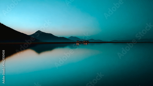 Lac majestueux au coucher du soleil, heure bleue