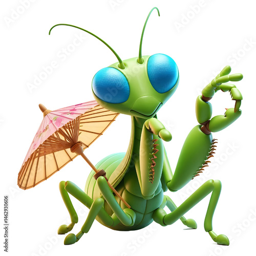 Cute 3D praying mantis isolated on white background