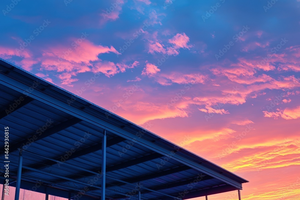 Obraz premium Colorful sunset sky above a metal shelter.