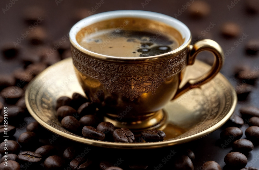 Gold Espresso Set. Ornate gold espresso cup and saucer with coffee, surrounded by roasted beans on dark background. Luxury coffee concept