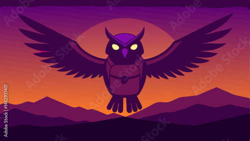 Owl at Dusk An illustration of a silhouette of an owl flying against a vibrant sunset sky where warm oranges and purples blend together. The owls backpack is a bright pop of color