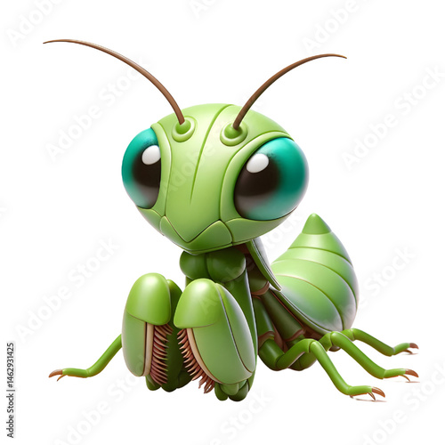 Cute 3D praying mantis isolated on white background