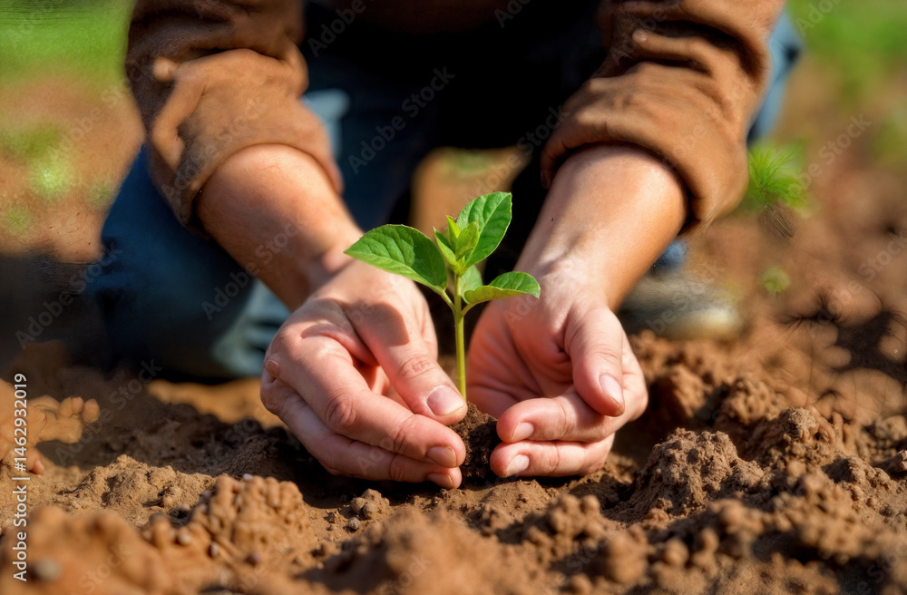 Hands Planting Seedling. Person's hands gently holding young plant in soil with blurred garden background. Growth and nurturing concept.